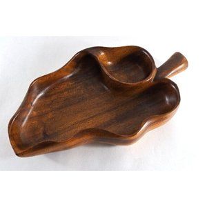 Vintage Teakwood Serving Bow Leaf Pepper Shape Chips Dip 16x9.5 Mid Century Tiki